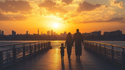 Fototapeta premium Family stroll at sunset. Silhouettes of a family walking along a waterfront boardwalk as the sun sets over a city skyline. Warm golden light bathes the scene