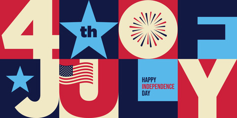 4th of July party banner background greeting card logo USA Independence Day vector fireworks clipart with Modern retro style text logo for 
USA Fourth of July celebration poster