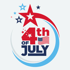 Happy 4th of July USA Independence Day celebration banner with text lettering logo & waving American flag isolated on white background for Social Media, Sale, Web Banner
