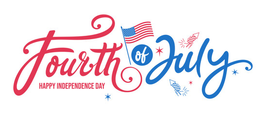 4th of July handwritten brush lettering calligraphic 
banner logo isolated on white background, 
Happy Independence Day web banner, email signature, text design with stars, rocket, fireworks, USA flag
