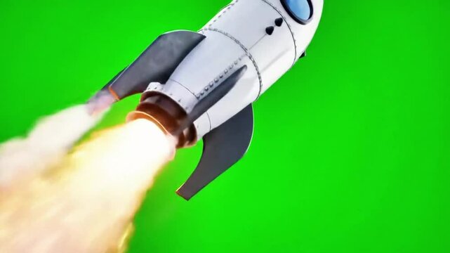 A digitally rendered rocket blasts off against a bright green screen background, perfect for animation or graphic design projects.