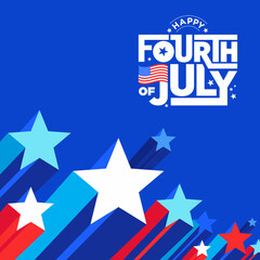 Modern Celebration Fireworks Banner blue stars pattern vector border template with 4th of July logo, USA patriotic abstract American flag background for Sale, Web Banner, E-mail, Social Media Post