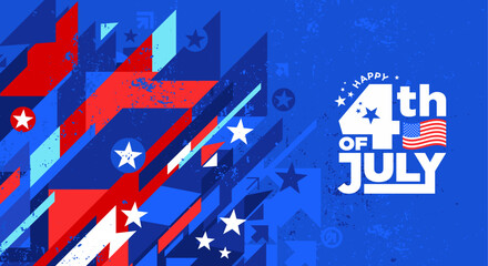 4th of July. Independence Day poster, USA patriotic 
sale banner, card with 4th of July logo & dark blue grunge distressed American flag background for Web, Social Media, ads