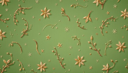 Intricate Floral Pattern on Soft Green Background Featuring Elegant Golden Flowers and Twigs