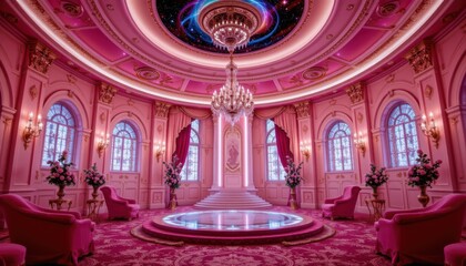 Obraz premium Luxurious Pink Interior Design Featuring Ornate Chandelier and Elegant Architectural Details