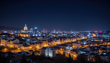 Naklejka premium Panoramic View of Illuminated Urban Landscape at Night Featuring Vibrant City Lights and Skyline