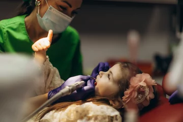 Child Receiving Dental Care Visit With Pediatric Dentist in Protective Equipment
