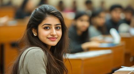 A beautiful young Indian female student sitting in a classroom.	