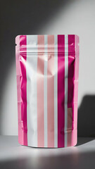 Vibrant pink and white striped packaging enhances product display in minimalistic lighting