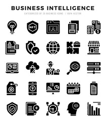 Set of 25 Business Intelligence Glyph Icons Pack.