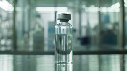 Close-up of a vaccine vial on a sterile table with medical equipment, representing healthcare innovation, medical research, and public health discussions.
