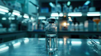 Close-up of a vaccine vial on a sterile table with medical equipment, representing healthcare innovation, medical research, and public health discussions.
