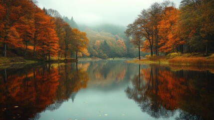 Obraz premium Autumnal Serenity: A Misty Lake Reflected in Vibrant Fall Foliage