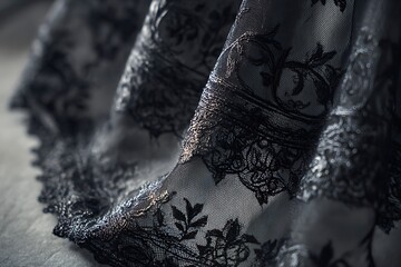 A close-up of black sheer fabric reveals intricate lace details woven in delicate floral patterns. Light catches the edges, emphasizing the fine craftsmanship and elegance 