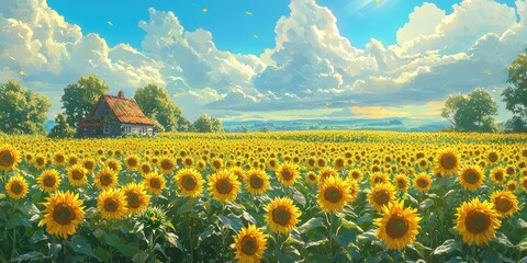 Fototapeta premium Field of blooming sunflowers under blue sky with scattered clouds, rustic wooden house in background. Generative by AI.