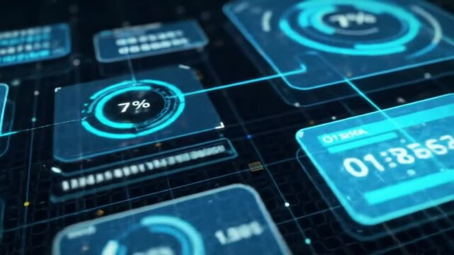 4K ultra-high-definition motion background animation showcasing a futuristic HUD (Heads-Up Display) interface. The scene is filled with layered digital elements representing a decimal encoder