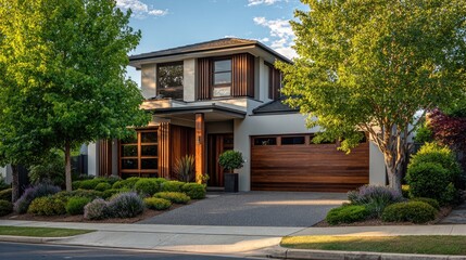 Obraz premium Modern suburban house with clean lines, bathed in soft afternoon light. Minimalist elegance in residential architecture.
