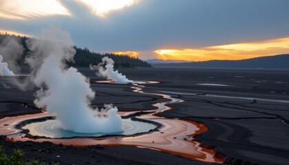 A geothermal hot spring emits steam at sunset, surrounded by dark volcanic terrain and colorful mineral deposits.