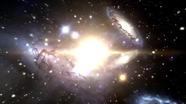 Epic cosmic explosion representing the Big Bang &mdash; the origin of the universe. Begin with absolute darkness and silence. A single, blinding point of light suddenly erupts with immense force,