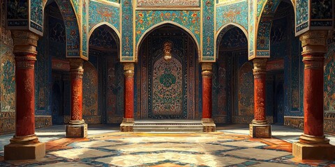 Obraz premium Ornate arched hall with patterned blue and gold tiles, vaulted ceiling, and columns illuminated by warm light in an Islamic architectural interior. Generative by AI.