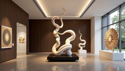 Modern art gallery with abstract sculptures and geometric wall art in a well-lit, contemporary space.