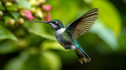 Fototapeta premium A hummingbird in flight against a blurred background of greenery.