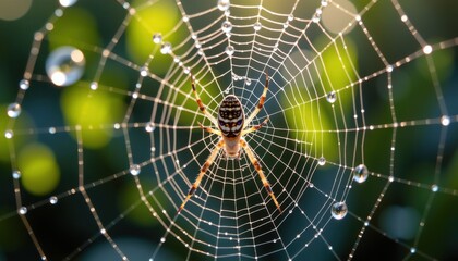 A spider sits at the center of its intricate web, adorned with dew drops and set against a blurred natural background.