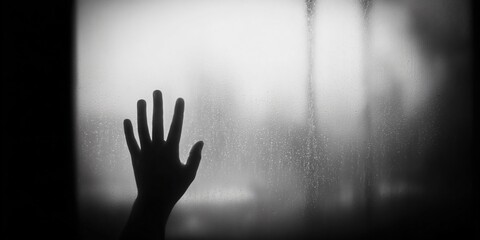 Emotional reflection fading handprint on fogged window indoor black and white intimate perspective inner feelings