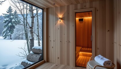 Cozy wooden sauna with a large window overlooking a snowy forest, featuring towels and a serene winter landscape outside.