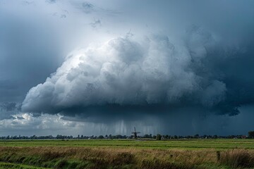 Obraz premium Dramatic storm cloud over Dutch landscape with windmill and green fields