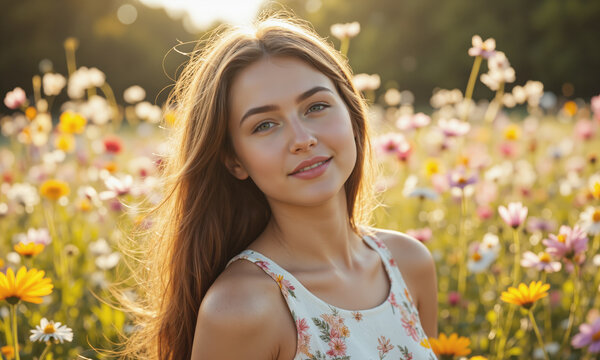 Woman Flowers Field: Summer portrait, young woman smiling amidst wildflowers, showcasing beauty and serenity.