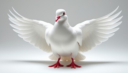 Fototapeta premium Elegant white dove spreading wings against a serene neutral backdrop