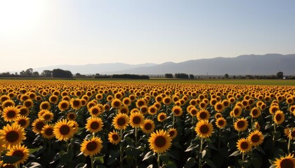 Obraz premium A vibrant sunflower field stretches toward distant mountains under a clear blue sky.