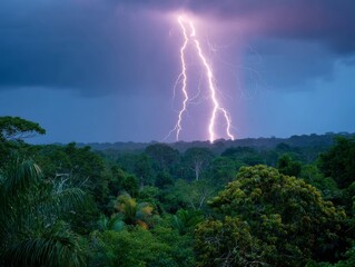 Spectacular lightning bolt illuminating tropical forest at dusk