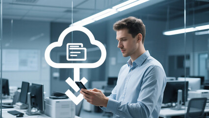 Man using smartphone with cloud computing icon overlayed in a modern office environment scene