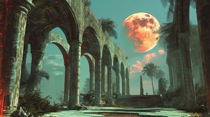 Enigmatic Ruins Under a Crimson Moon: A Surreal Tropical Landscape