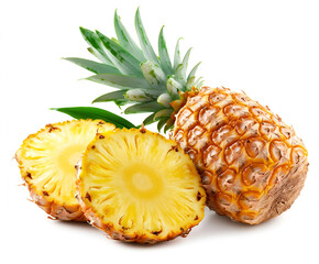 Isolated fresh ripe pineapple fruit with juicy yellow slices on a white background