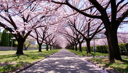 A beautiful walkway lined with blooming cherry blossom trees, creating a vibrant pink canopy over a peaceful, sunlit path.