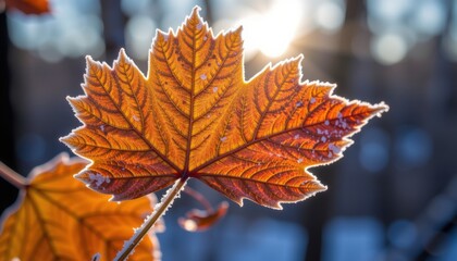 Obraz premium A frosted autumn maple leaf glows in sunlight, highlighting its intricate veins and golden-orange color against a blurred background.