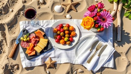 A colorful beach picnic setup with wine, cheese, fruit, flowers, and tableware on a white cloth, surrounded by sand, shells, and starfish.