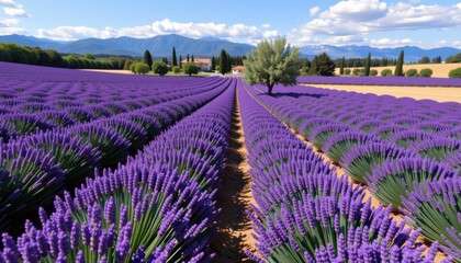 Fototapeta premium Endless rows of blooming lavender stretch toward a distant farmhouse, framed by trees, mountains, and a partly cloudy sky.