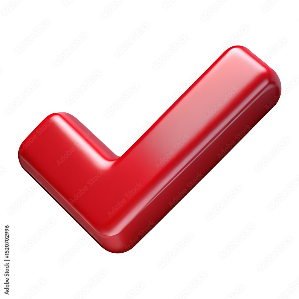 Poster shiny red checkmark signifying approval validation or confirmation on white isolated background