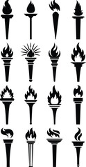 Vector Fire Torch Silhouettes Set – Flame and Flambeau Icon Collection.
