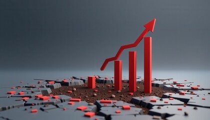 A red bar graph with an upward arrow breaks through a cracked surface, symbolizing rapid business growth and overcoming challenges.