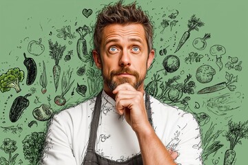 Vegan chef with vegetable sketches on pale green bg, plant-based diet, sustainable eating