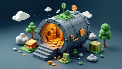 A large vault filled with gold coins sits among trees, clouds, and gifts, symbolizing wealth and financial growth in a stylized, cartoon-like landscape.