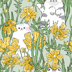 Cute a kitten cat having fun in yellow garden seamless pattern