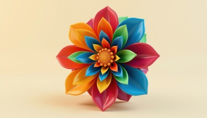 Obraz premium A vibrant, multicolored flower with layered petals, arranged symmetrically on a light beige background.