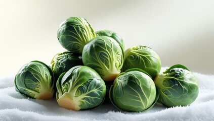 Naklejka premium A pile of fresh green brussels sprouts arranged on a soft white surface
