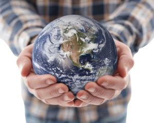 Hands Gently Holding Detailed Earth Globe Against Transparent Background, PNG